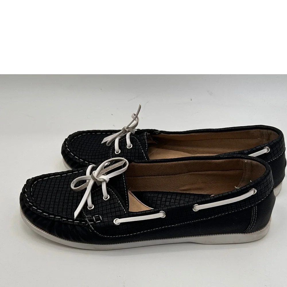 Spicy Comfort Womens Black Woven‎ Boat Shoes Lace Up Moccasin Flats Loafers 11